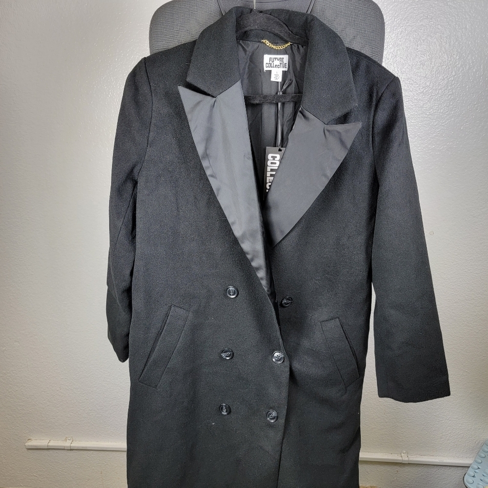 Future Collective Black Notched Lapel Double‎ Breasted Coat Size S